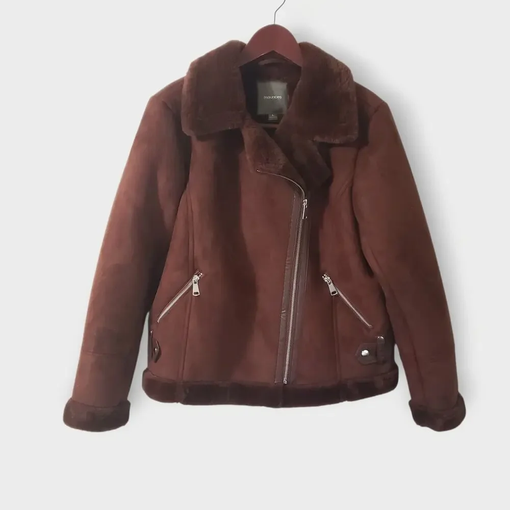 NWT Maurices Faux Suede + Fur Moto Jacket Brown Asymmetrical Zip Sz Lg Bikercore